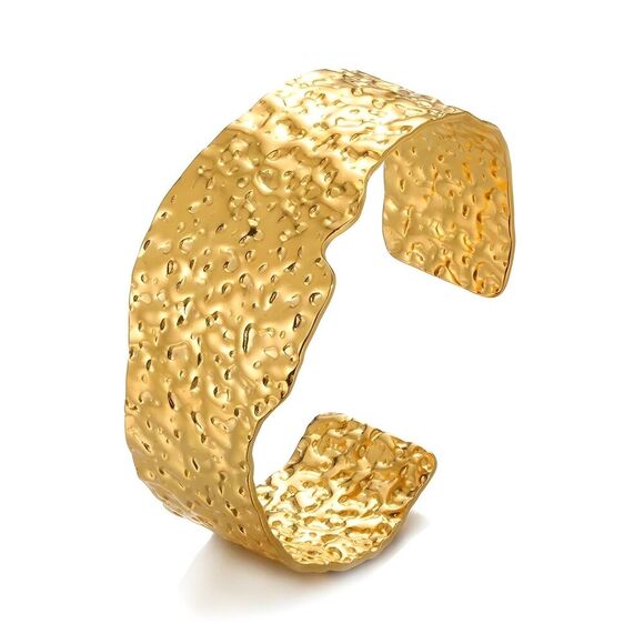 18K Gold Plated Women's Cuff Bracelet Modern Textured Look Hypoallergenic - Picture 3 of 12
